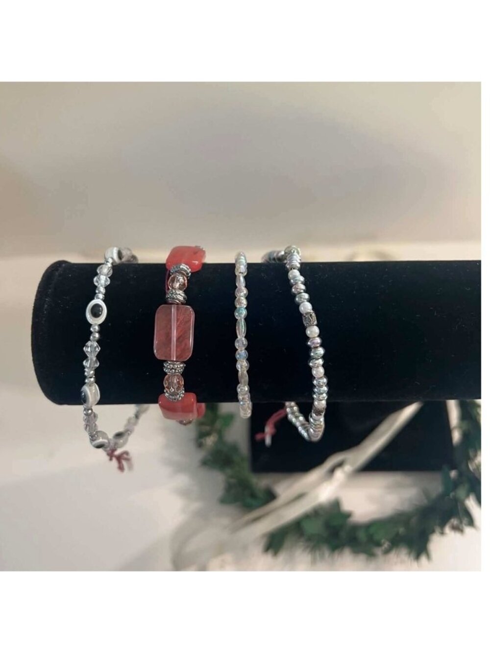 Set of 4 Beaded Bracelets Pink Stone Evil Eye Stackable Witchy Celestial Goddess